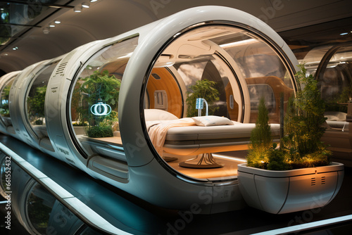 Futuristic scanner capsule. Modern tomography examining, magnetic resonance imaging scans of brain and internal organs of the body. AI Generative