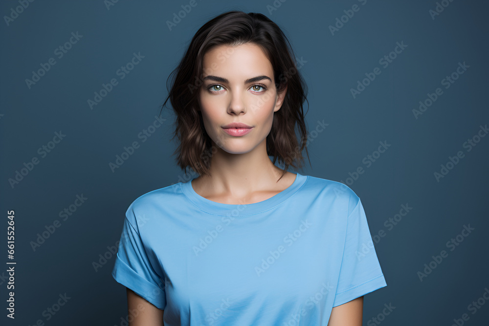 portrait of a woman with blue clear t shirt isolated in studio portrait of a woman with blue clear t shirt isolated in studio