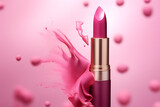 Pink lipstick splatted with paint, in the style of commercial photo montage