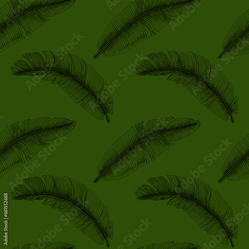 Seamless pattern of tropical banana palm leaf Jungle. Hand drawn illustration. Botanical hand painted floral black elements on green background.