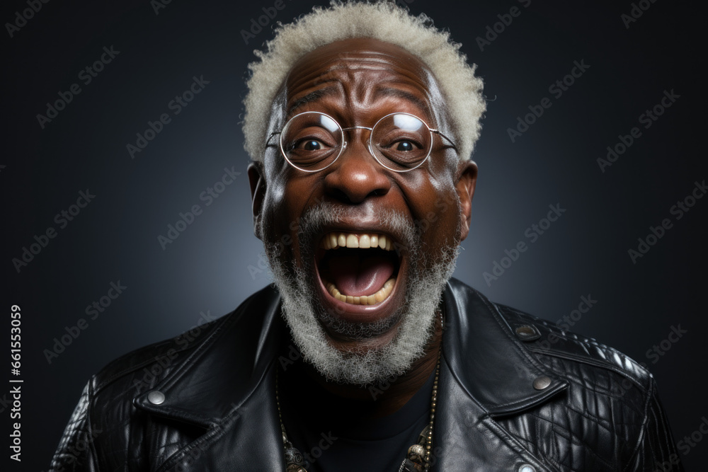 Senior african american man in black leather jacket on a white background
