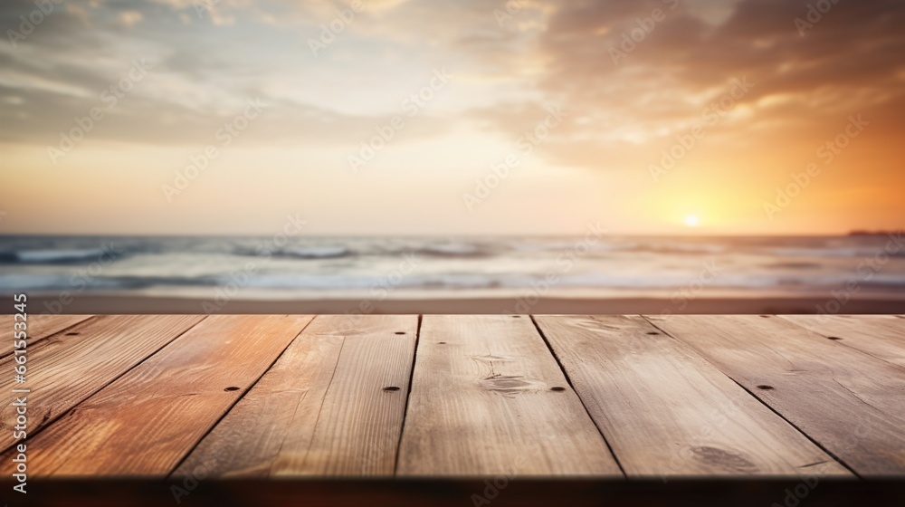 Close-Up of a Light Brown Wooden Table with a Sunset at the Beach Blurry Background, Ideal for Product Placement in a Beachside Marketing Concept
