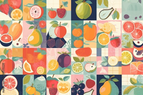 Pattern of fruit-themed square tiles  seamlessly collaged together. Generative AI