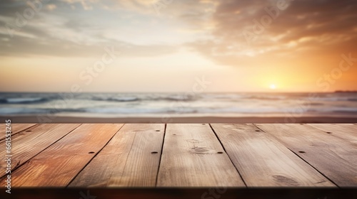 Close-Up of a Light Brown Wooden Table with a Sunset at the Beach Blurry Background, Ideal for Product Placement in a Beachside Marketing Concept 