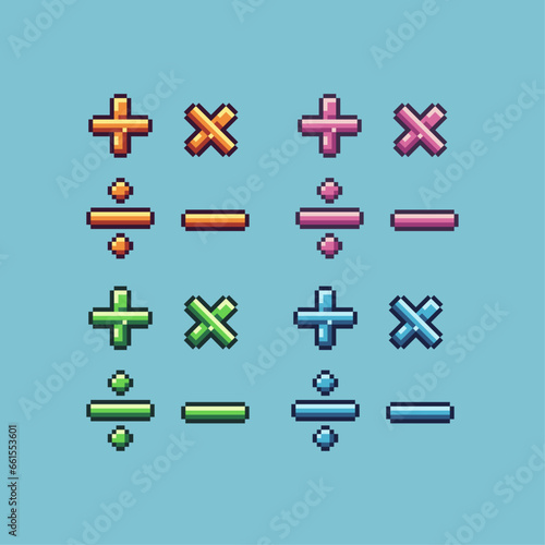 Pixel art sets of mathematics calculation with variation color item asset. Simple bits of math on pixelated style. 8bits perfect for game asset or design asset element for your game design asset.