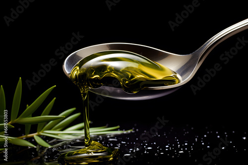 Olive oil pouring from a spoon  on black background