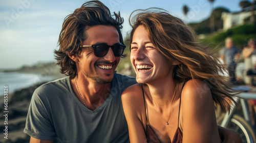 Man capturing girlfriend's laughter on Californian beach picnic.