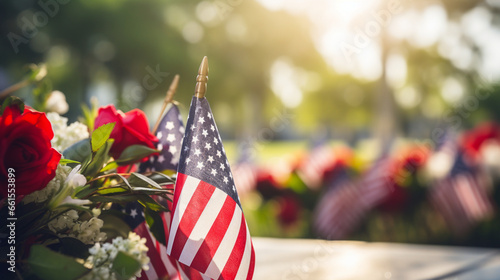 A solemn gathering at the local veterans memorial, with American flags and wreaths, with copy space, blurred background