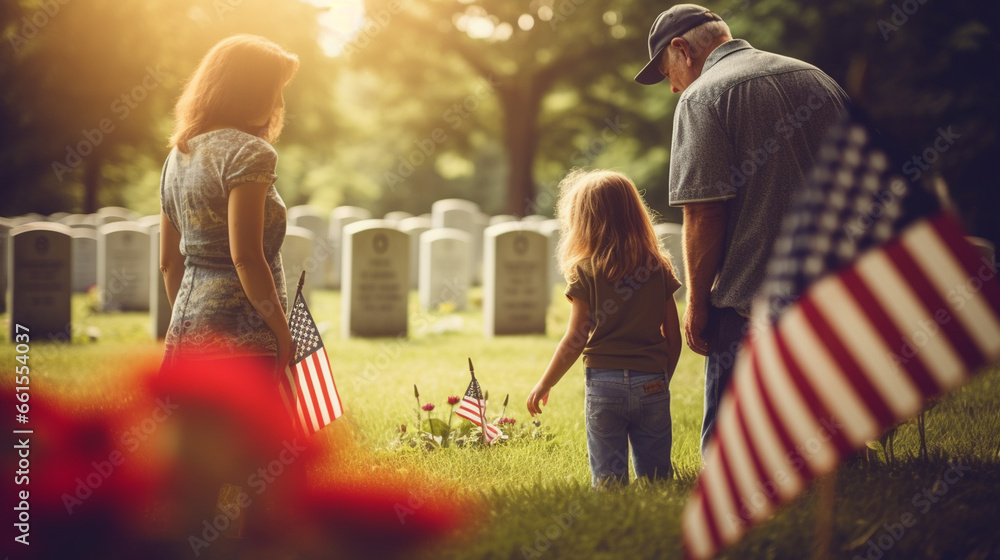 A family visiting a veteran's grave, leaving flowers and a small flag, with copy space, blurred background - obrazy, fototapety, plakaty 