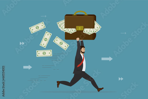 Businessman running with giant briefcase full money. Rich, salary increase concept. Business profit, businessman carrying suitcase with wealth.