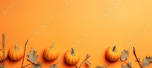 pumpkins and autumn leaves on orange background Generative AI