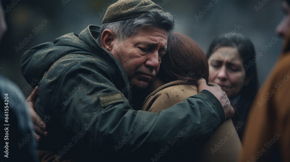 A heartfelt embrace between a veteran and their family, with tears of joy, with copy space, blurred background A heartfelt embrace between a veteran and their family, with tears of joy, with copy space, blurred background