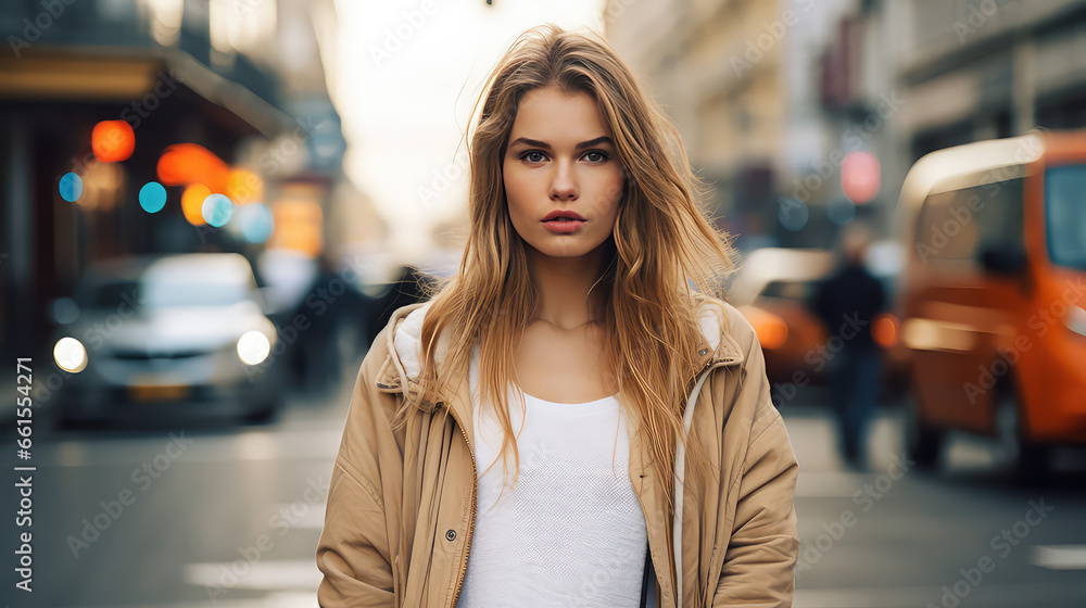 Fototapeta premium Young single woman on a city street. Autumn Depression, loneliness in the big city. 