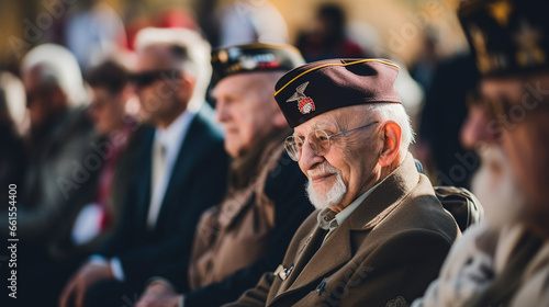 Veterans from different eras sharing stories and memories, blurred background photo