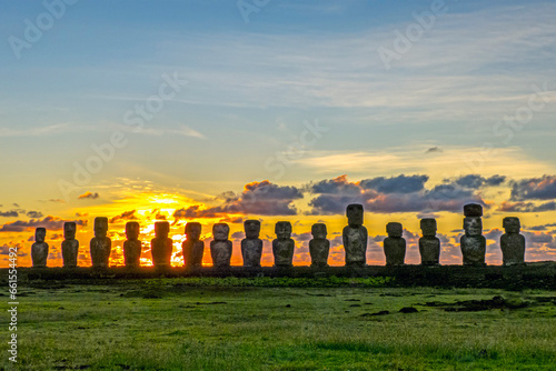 Bilde på lerret Set of Moais called Ahu Tongariki, at sunrise, Easter Island, Chilean Polynesia