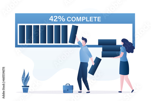 Business solutions and difficult problem solving process. Progress from start to finish. Business team filling out loading bar. Business development, completing tasks,