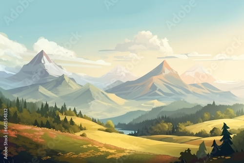 Beautiful landscape with mountains in the background. Vector illustration. EPS 10