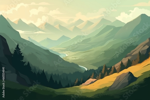 Beautiful landscape with mountains in the background. Vector illustration. EPS 10