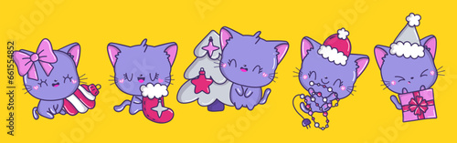 Set of Vector Christmas Cat Illustrations. Collection of Kawaii Christmas Pet Art for Stickers.