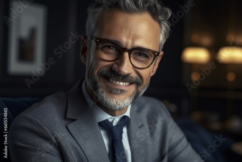Cheerful mature man in eyeglasses in cafe