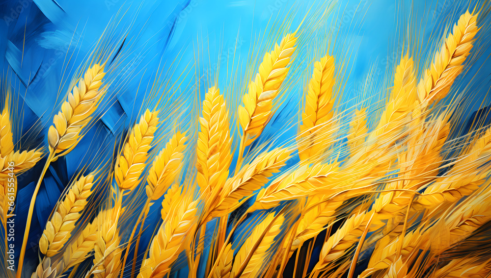 Wheat grains on the yellow and blue flag of Ukraine. Ukrainian grain crisis, global hunger crisis concept due to war - obrazy, fototapety, plakaty 