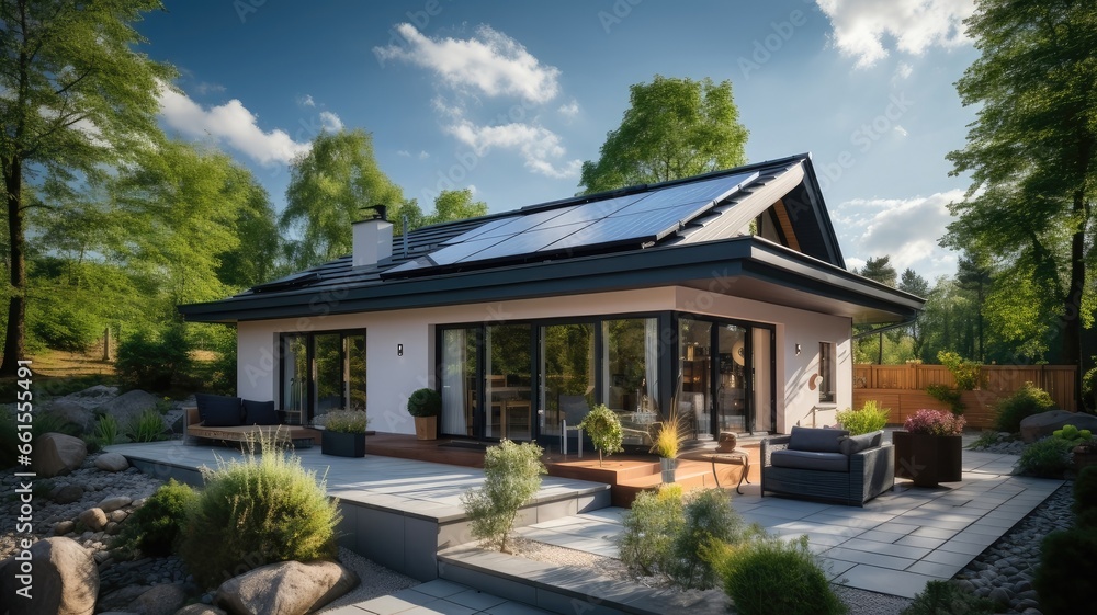 Newly Constructed Homes with Solar Panels. Energy-Efficient Living Under a Sunny Sky