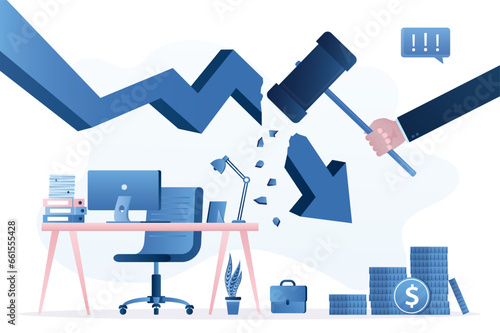 Businessman hand uses hammer and breaks falling chart. Protection of labor market, fight against unemployment. Decision of financial problems. Economic crisis, money insurance.