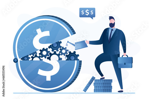 Inflation and interest rate policy concept, businessman put oil lubricate into giant dollar coin. monetary policy, central bank or government to manage USA financial.