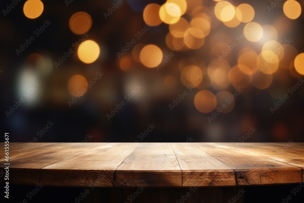 Wooden table in front of blurred background with cozy atmosphere, bokeh lights background. Background for product presentation or website. Wooden table in front of blurred background with cozy atmosphere, bokeh lights background. Background for product presentation or website.