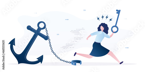Business freedom, concept. Happy businesswoman has opened shackles and run away from huge anchor. Overcoming obstacles, solving problems, finding answers.