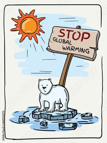 Color hand drawn illustration dedicated to the theme of global warming with a dying polar bear.