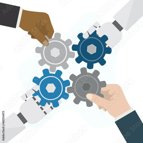 Human and robot hands holds four gears. Symbiosis of humans and artificial intelligence. Peaceful development of future technologies and AI. Partnership with robots, teamwork.