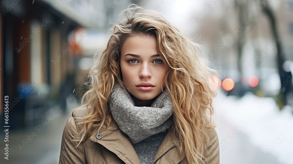 Young single woman on a city street. Autumn Depression, loneliness in the big city. Young single woman on a city street. Autumn Depression, loneliness in the big city.