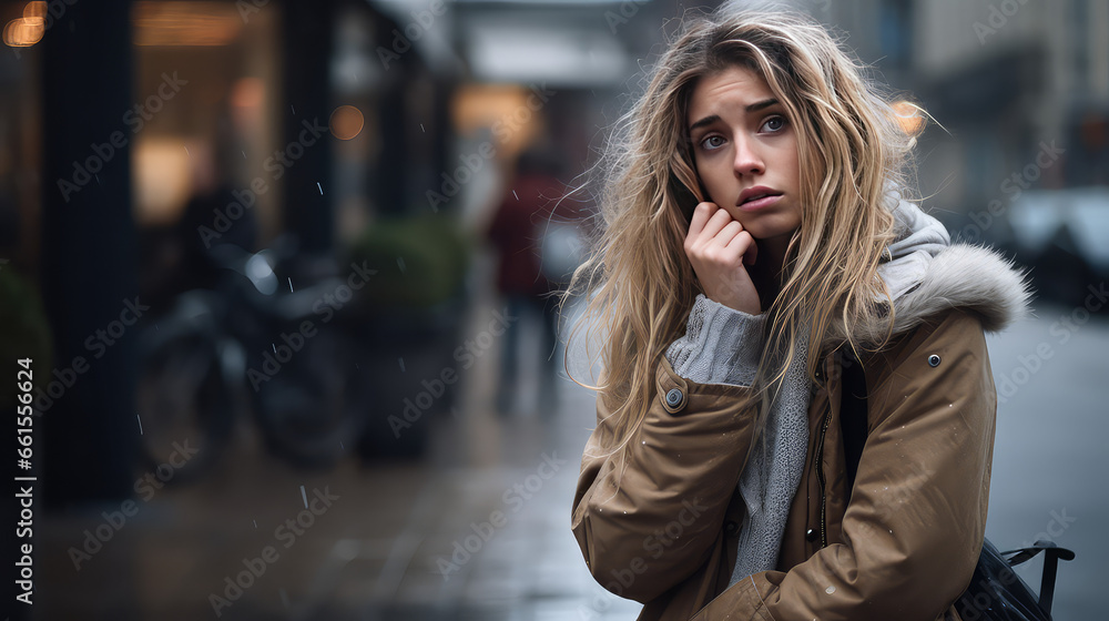 Fototapeta premium Young single woman on a city street. Autumn Depression, loneliness in the big city. 