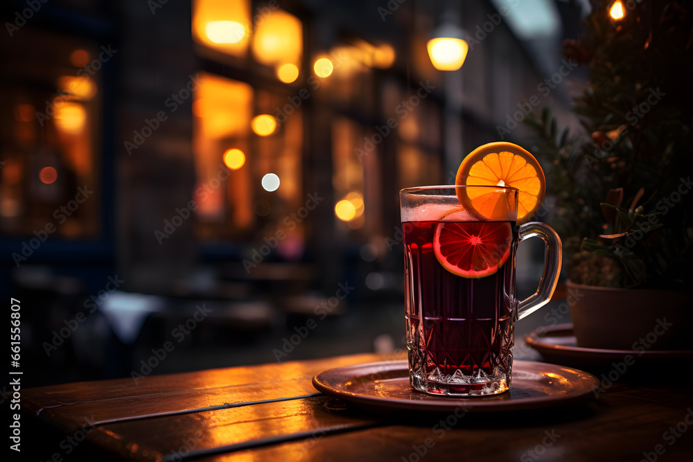 Glass of mulled wine with orange slices in a glass
