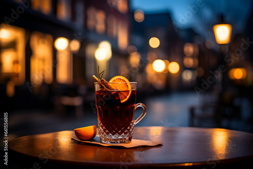 Glass of mulled wine with orange slices in a glass photo