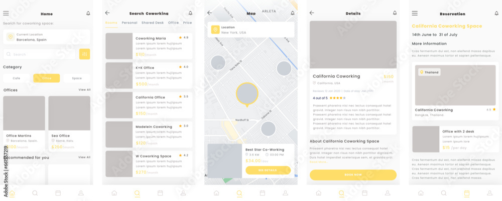 Coworking Space, Office, meetup and Meeting room finder Mobile App UI Kit Template