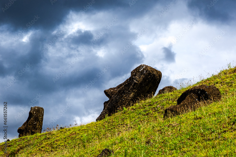 Moais in Rano Raraku before the rain, Easter Island, Chilean Polynesia