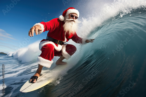 Funny scene of Santa Claus surfing on blue ocean wave in christmas holidays. © Shootdiem