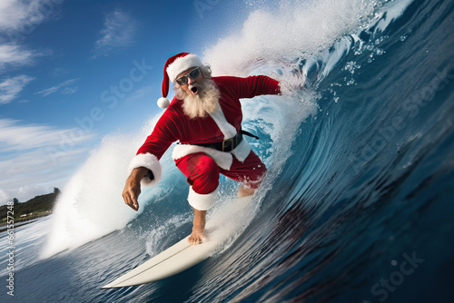Funny scene of Santa Claus surfing on blue ocean wave in christmas holidays.