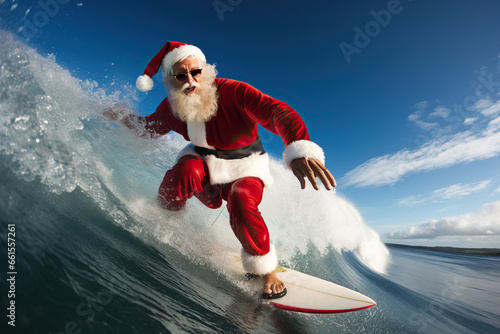 Funny scene of Santa Claus surfing on blue ocean wave in christmas holidays.