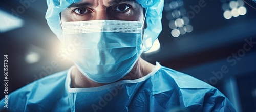 Surgeon performing microsurgery in blue uniform in OR with lighting effect Eye brain surgery in theater Plastic cosmetic surgery using medical technology Works With copyspace for text