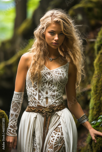 Young blonde druid woman in white outfit in Celtic forest