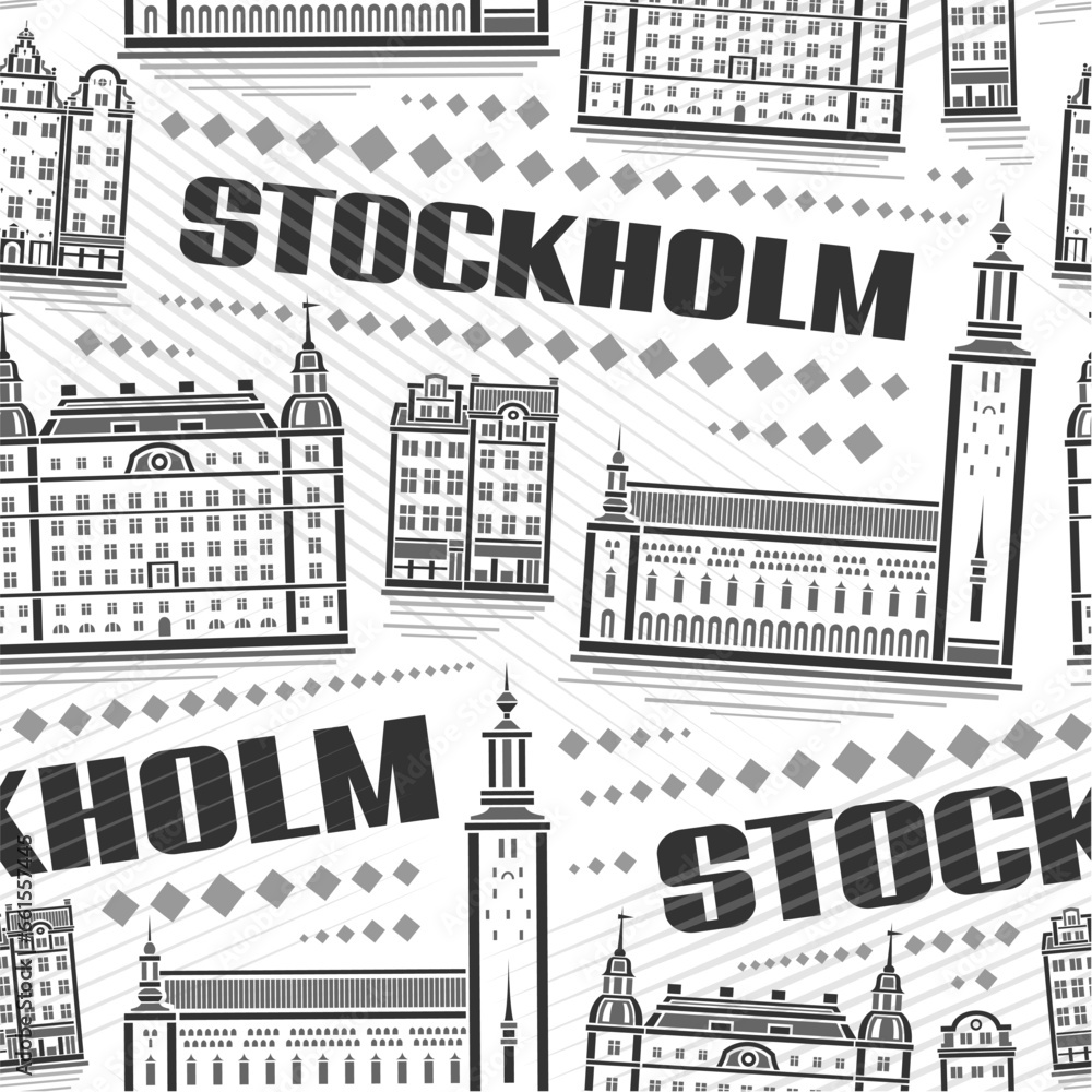 Vector Stockholm Seamless Pattern, square repeating background with illustration of famous european stockholm city scape on white background, monochrome line art urban poster with black word stockholm