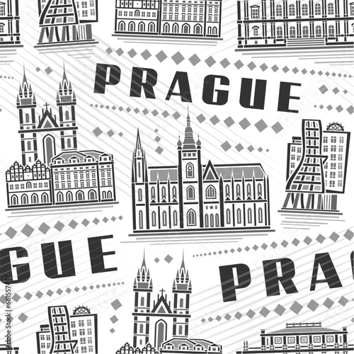 Vector Prague Seamless Pattern, square repeating background with illustration of famous european prague city scape on white background, grey monochrome line art urban poster with black text prague