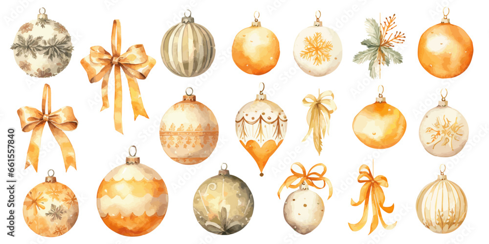 set of christmas balls and decorations orange yellow watercolor vectors - obrazy, fototapety, plakaty 