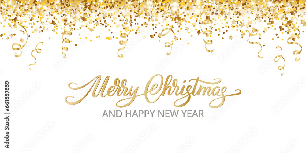 Holiday banner with golden confetti and ribbons. Merry Christmas ...