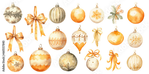 set of christmas balls and decorations orange yellow watercolor vectors