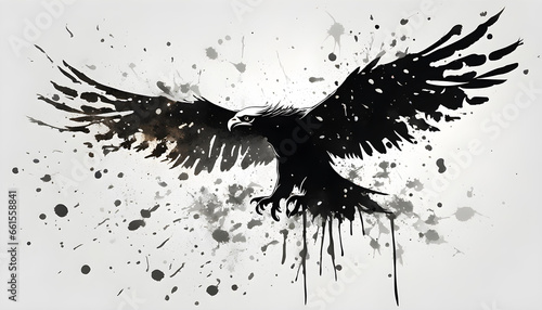 Black silhouette of a flying eagle with spread wings with black paint splashes with white background © Iqra