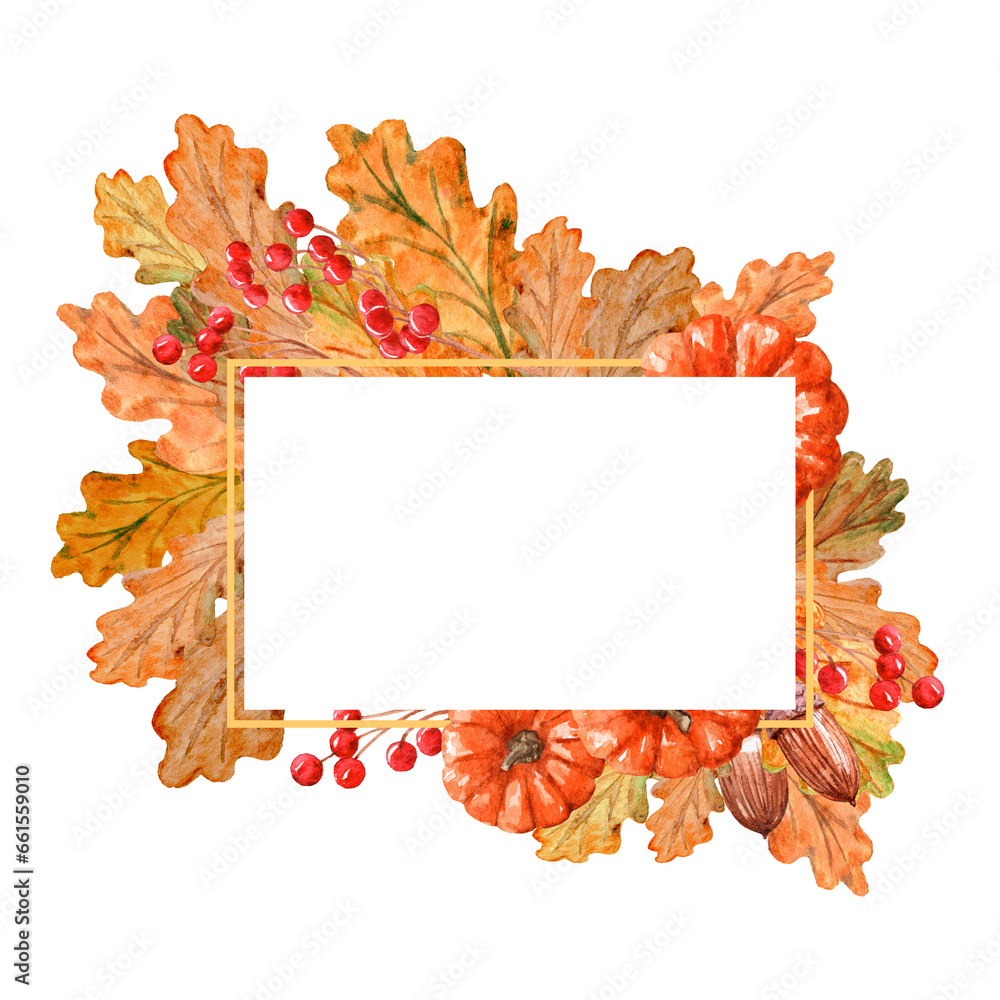 Watercolor Banner of Fall leaves.  Hand drawn framing of Thanksgiving offerings